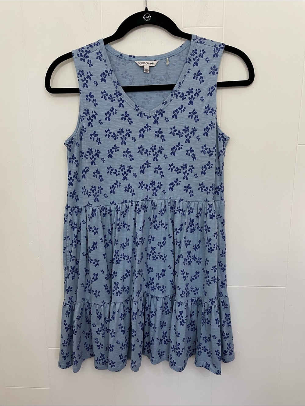 Toad & Co Marley Tiered Sleeveless Dress Size L Blue Floral Pockets Sustainable